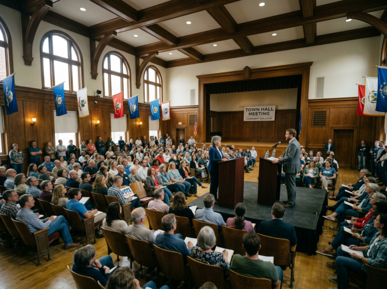 Two people speaking at podiums in a crowded town hall meeting room