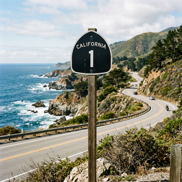 California Highway 1 road sign with ocean and winding coastal highway in background